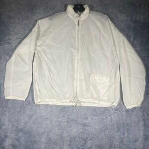 Vintage Sears White Nylon Windbreaker Jacket Large Full Zip Hidden Hood Mens